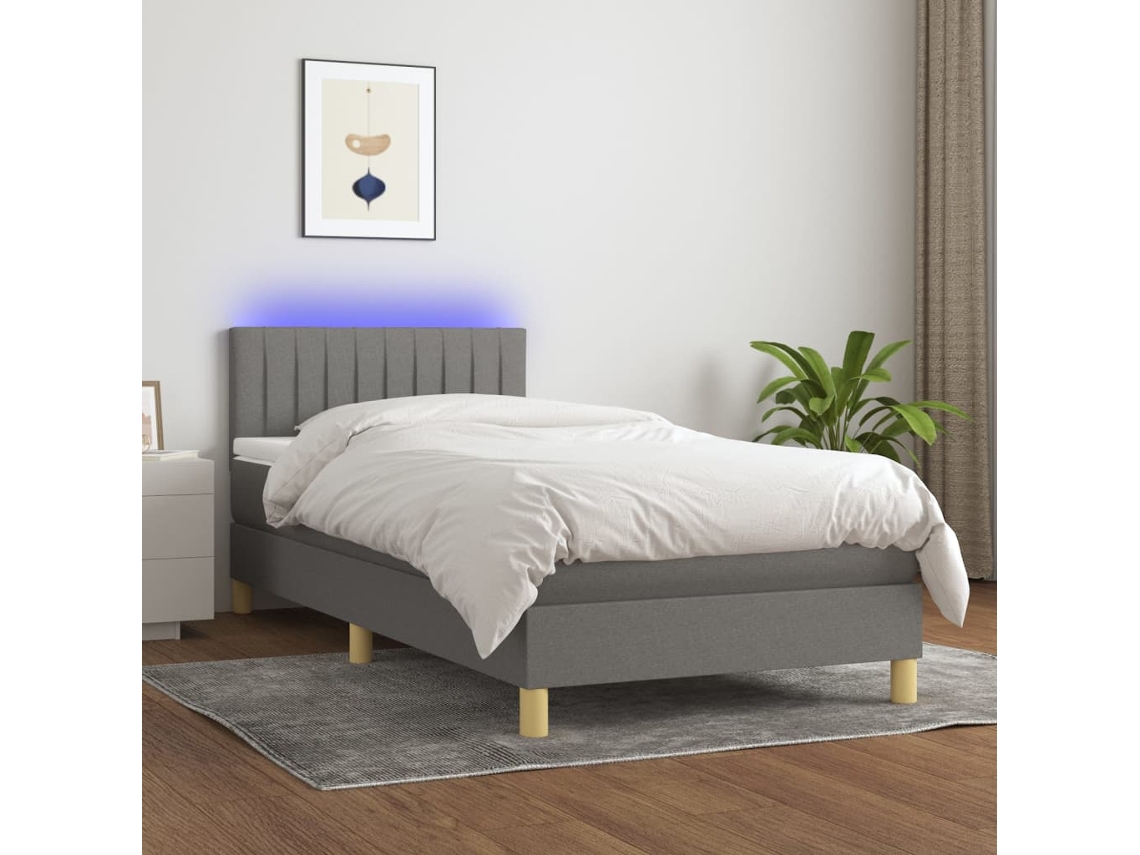 Vidaxl Cama Box Spring C/ Colchão E Led 90x190 Cm Tecido Cinza-escuro