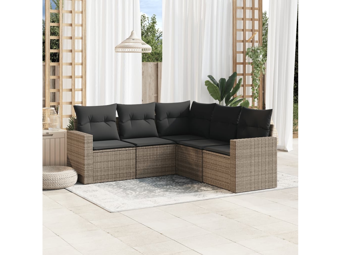 Vidaxl 5 Pcs Conjunto Sofás De Jardim C/ Almofadões Vime Pe Cinzento