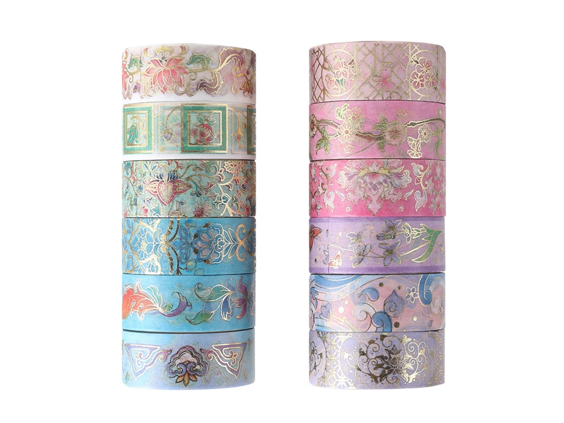Fita Adesiva Washi, 12 Rolos, De Fita Adesiva De Papel, Linda Fita Washi Macia Scrapbooking, Estética Com Detalhes Em Folha De Ouro