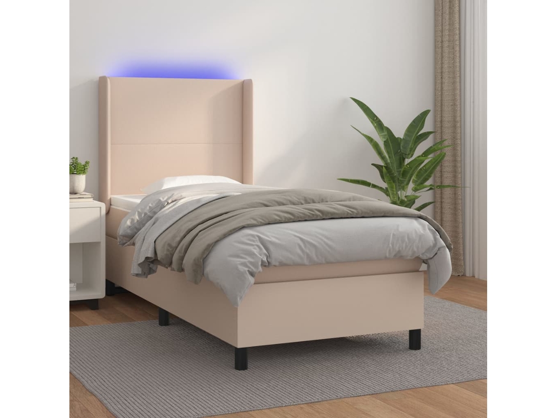 Cama Box Spring C/ Colchão/led 90x190cm Couro Artif. Cappuccino