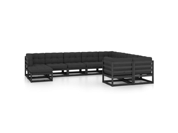 10 Pcs Conjunto Lounge Jardim C/ Almofadões Pinho Maciço Preto Dkd Home Decor