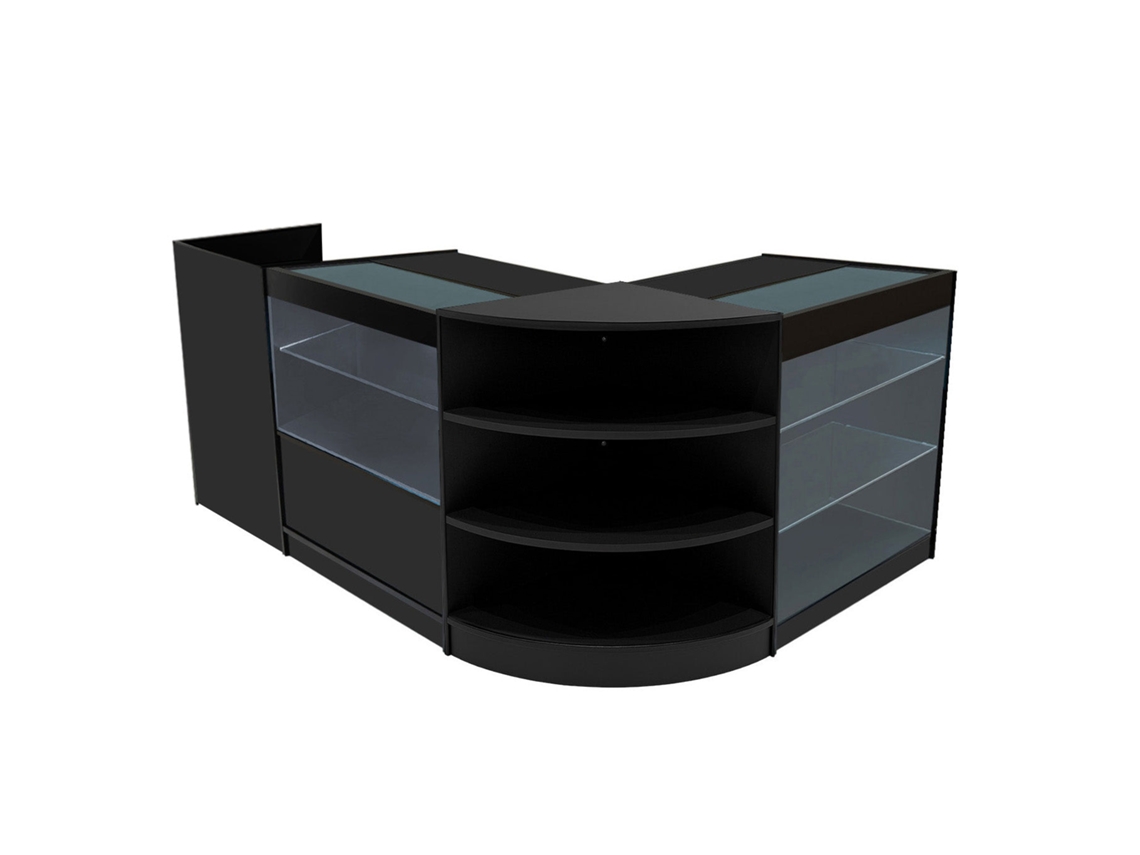 Conjunto De Balces Comerciais Theia | Preto | Lm60 K900 C900 Tb60 | Mdf E Vidro Temperado | Prateleiras E Monstershop