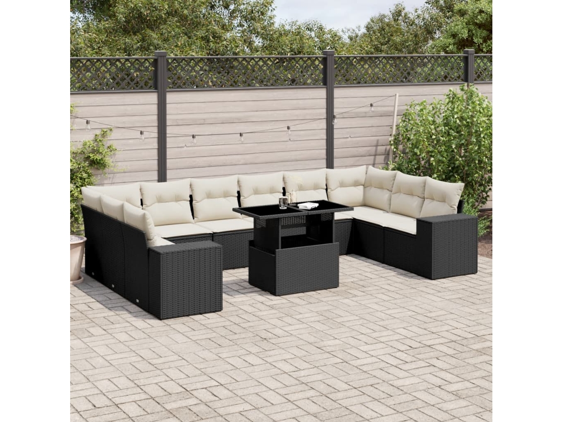 Jogo de Sofá Jardim 11 Peças C/ Almofadões Vime Pe Preto Dkd Home Decor