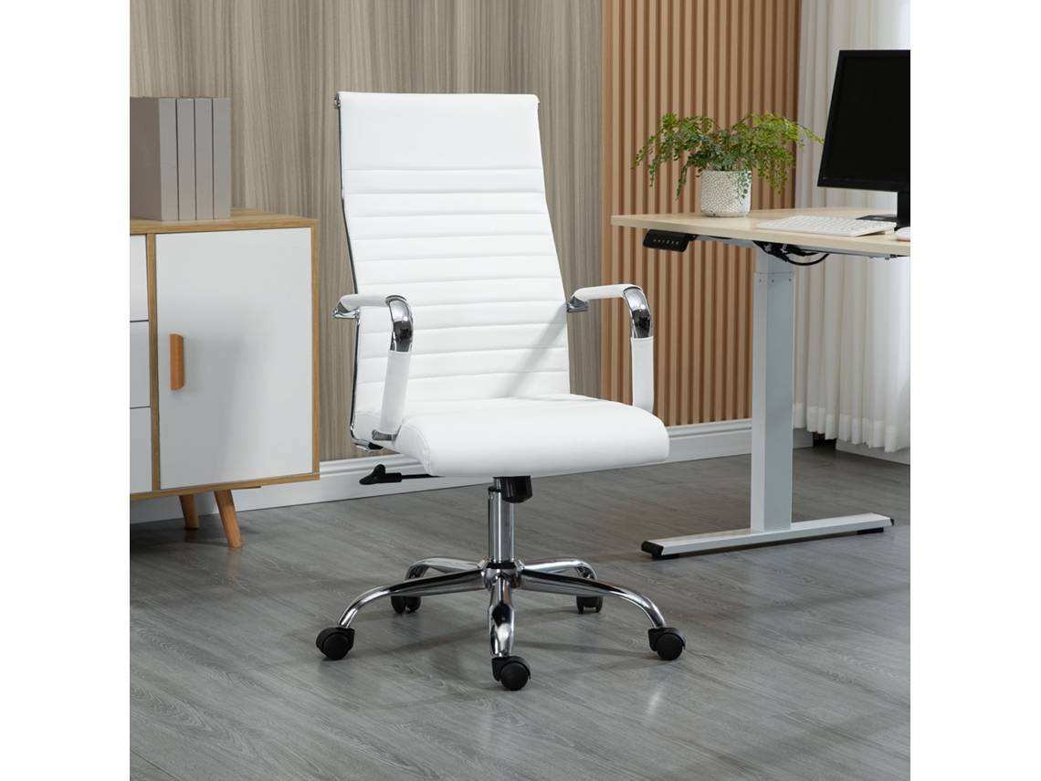 S Cadeira De Escritório Ergonómica Em Pele Sintética, Assento Giratório E Baloiço, 54x62x104-114 Cm, Branco