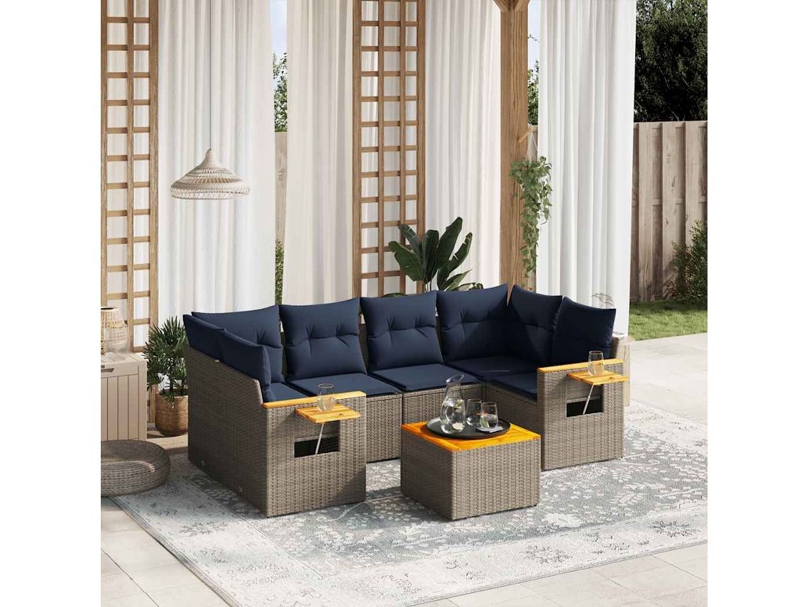 Vidaxl 7 Pcs Conjunto Sofás P/ Jardim C/ Almofadões Vime Pe Cinzento