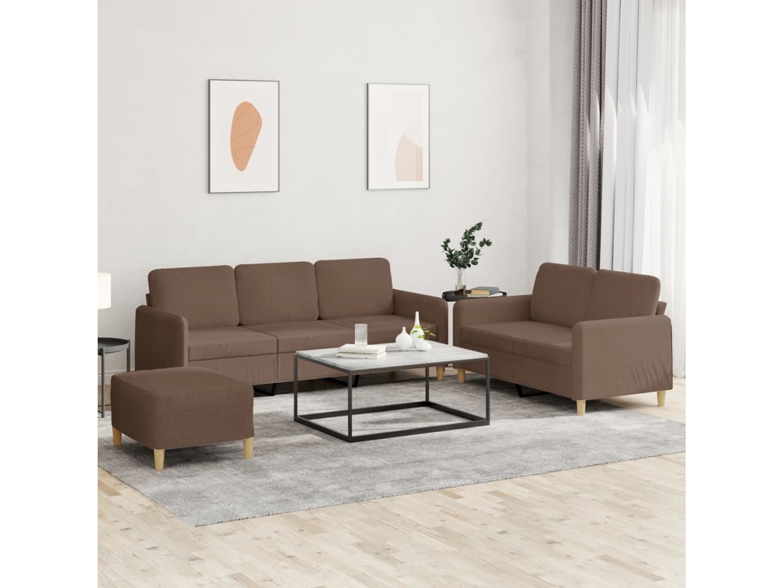 Vidaxl 3 Pcs Conjunto De Sofás Com Almofadões Tecido Castanho