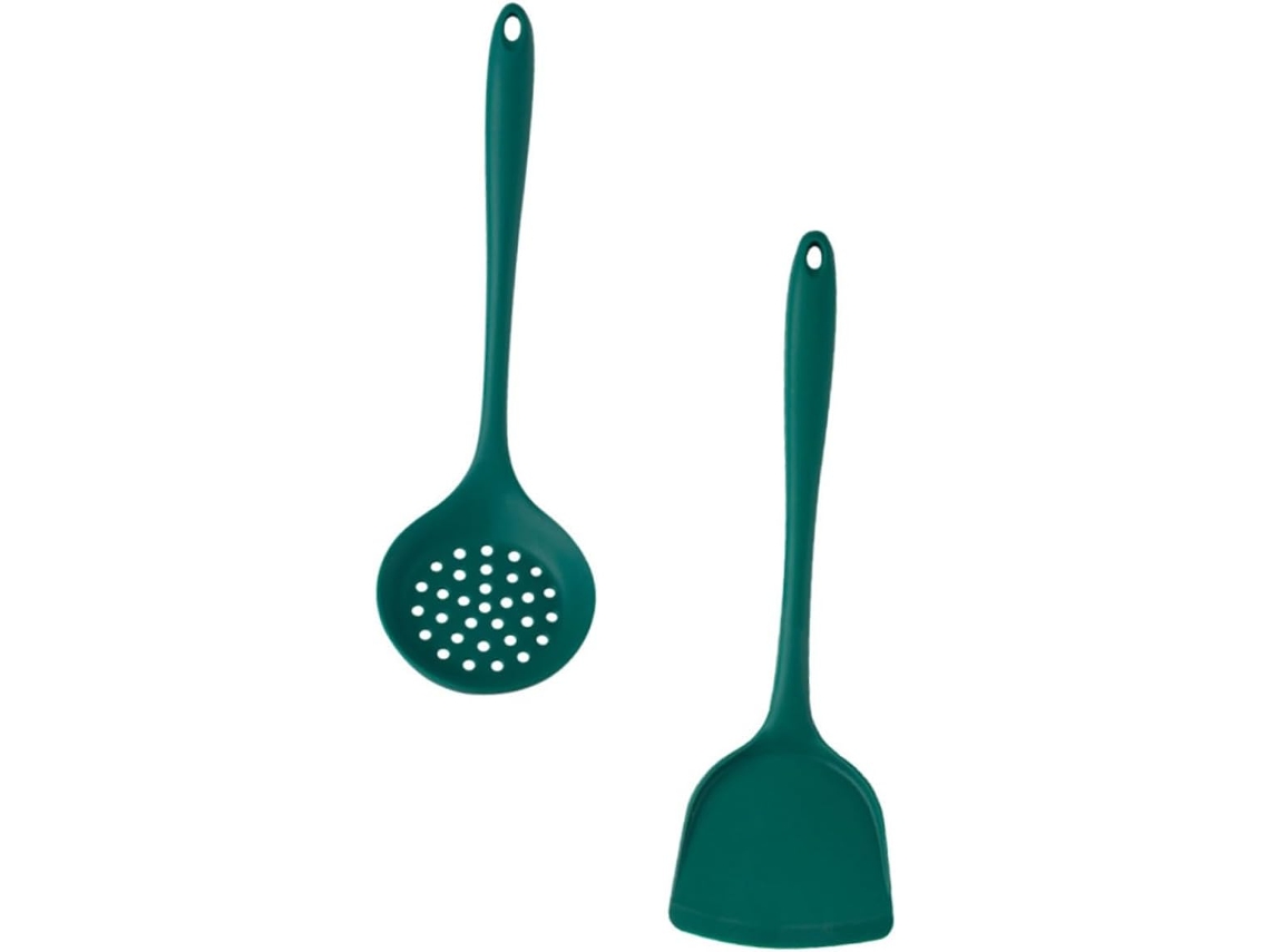 Conjunto De Espátula E Colher Perfuradas Silicone Verde, 1 Conjunto
