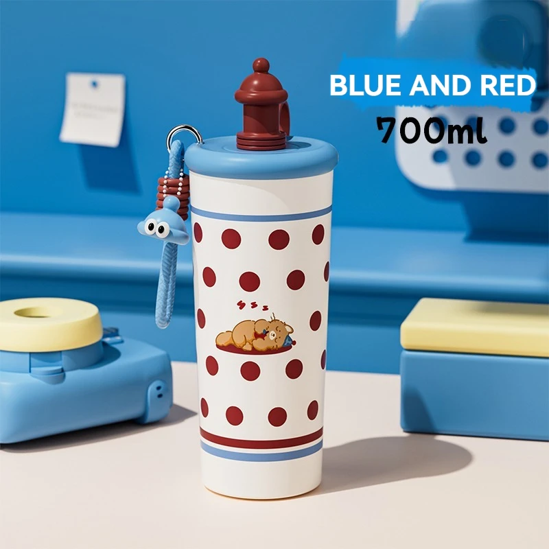 (azul, 700ml) Garrafa Térmica De Aço Inoxidável Com Cordão E Canudo, Portátil E À Prova De Vazamentos, Ideal Para Viagens E Uso No Carro.