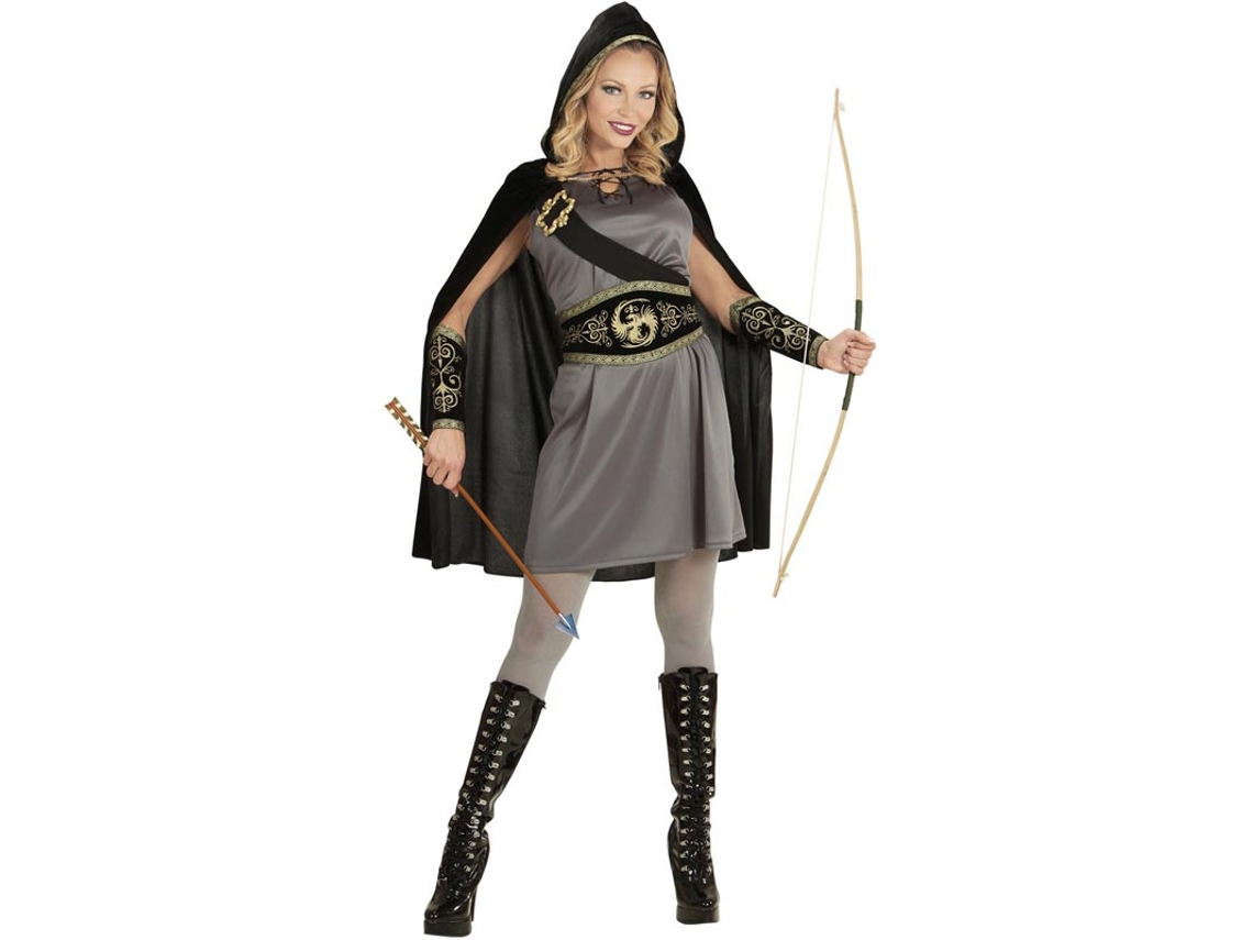 Fato de arqueiro medieval preto e cinzento para mulher