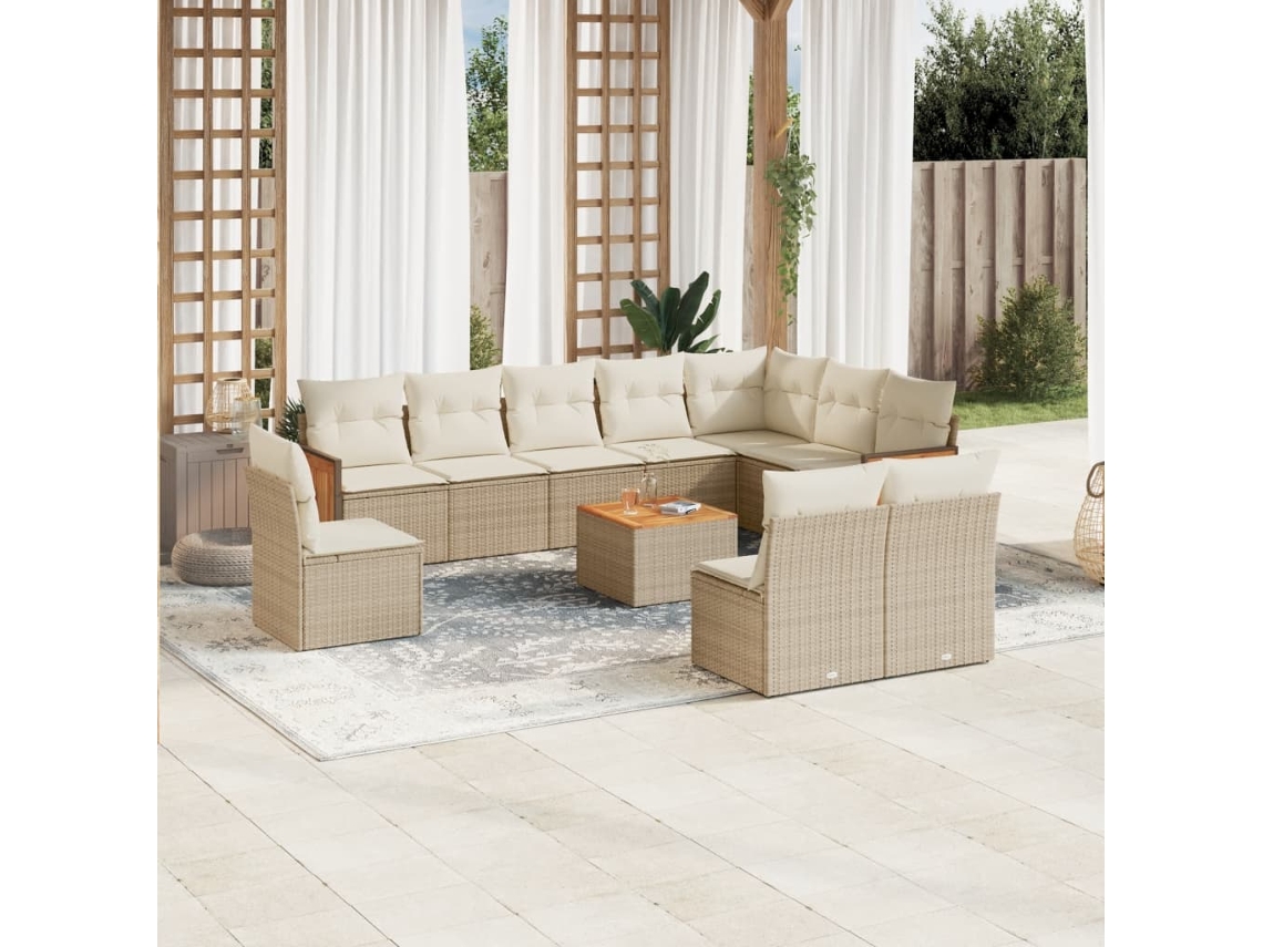 Vidaxl 11 Pcs Conjunto Sofás De Jardim C/ Almofadões Vime Pe Bege