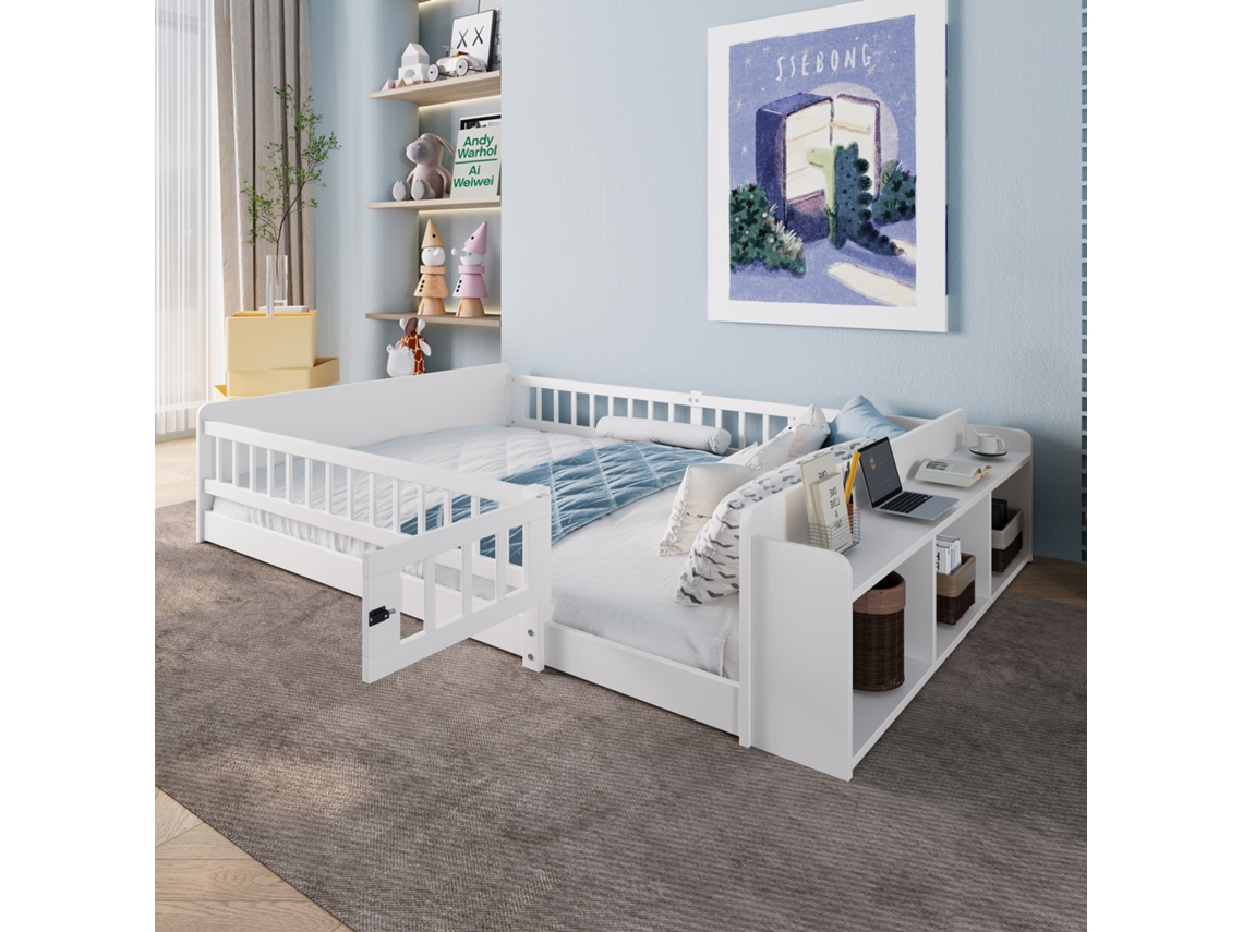 Cama Infantil 140x200 Pinho Branco Prateleiras Abertas