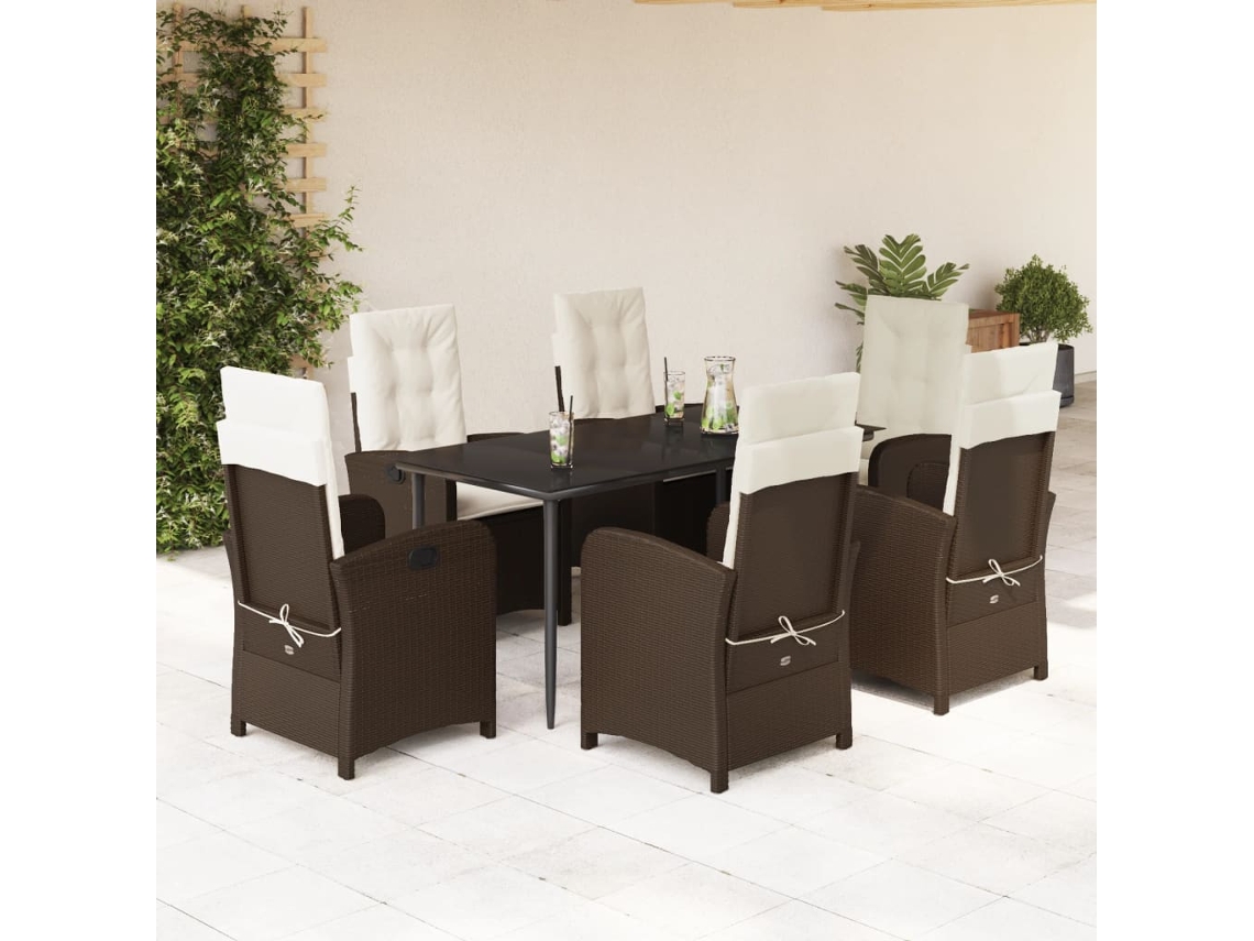 7 Pcs Conjunto Jantar P/ Jardim C/ Almofadões Vime Pe Marrom Dkd Home Decor