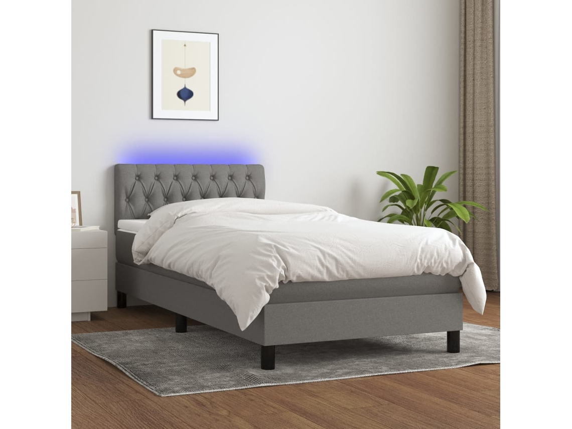 Vidaxl Cama Box Spring C/ Colchão E Led 90x190 Cm Tecido Cinza-escuro