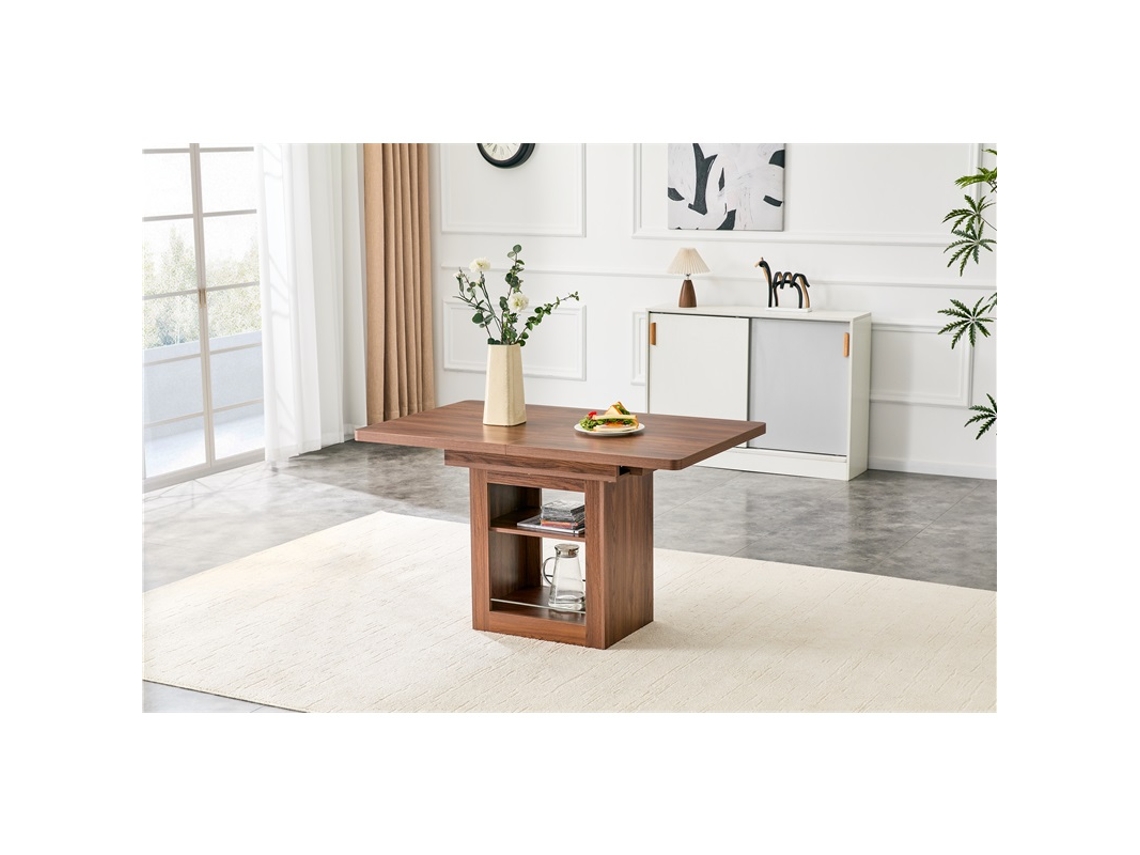 Mesa Jantar Extensível VELTRIX, nogueira, prateleira, 4 a 8 pessoas, trilhos de metal