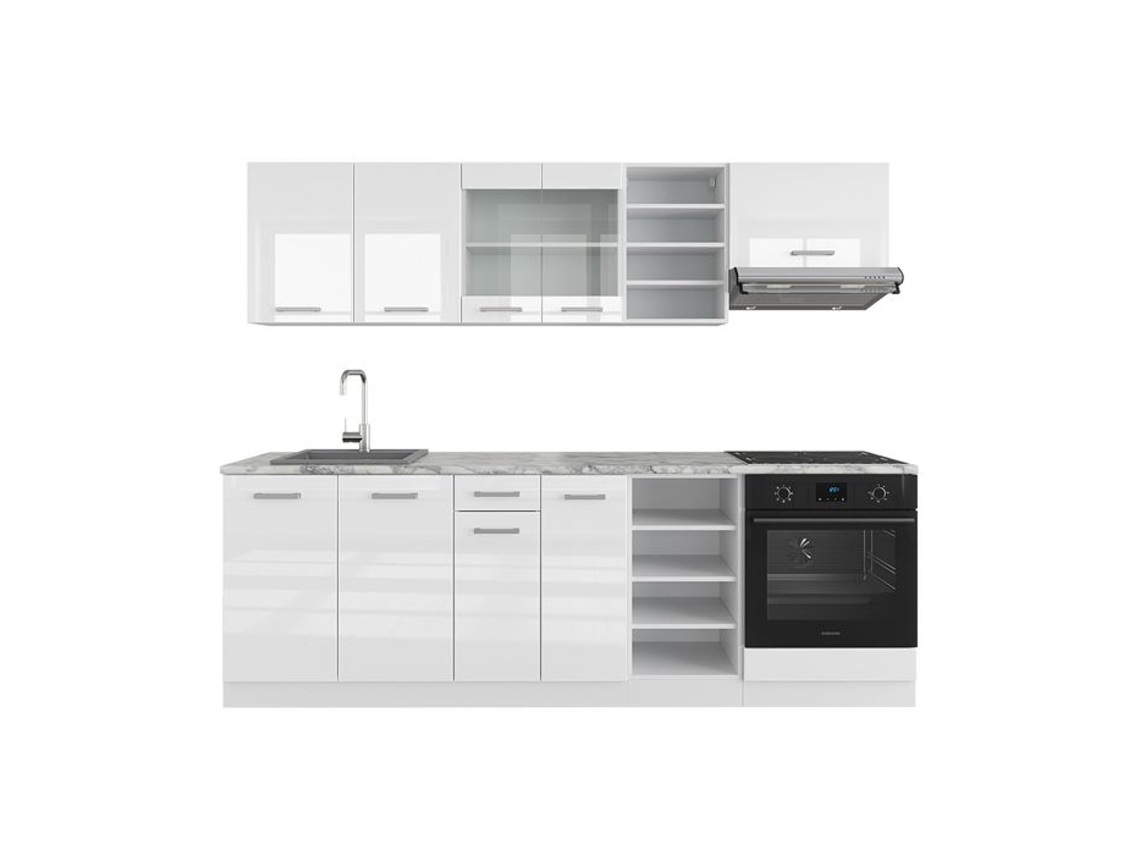 Cozinha R-Line, 240 cm, Mármore PT, branco brilhante/branco, Vicco