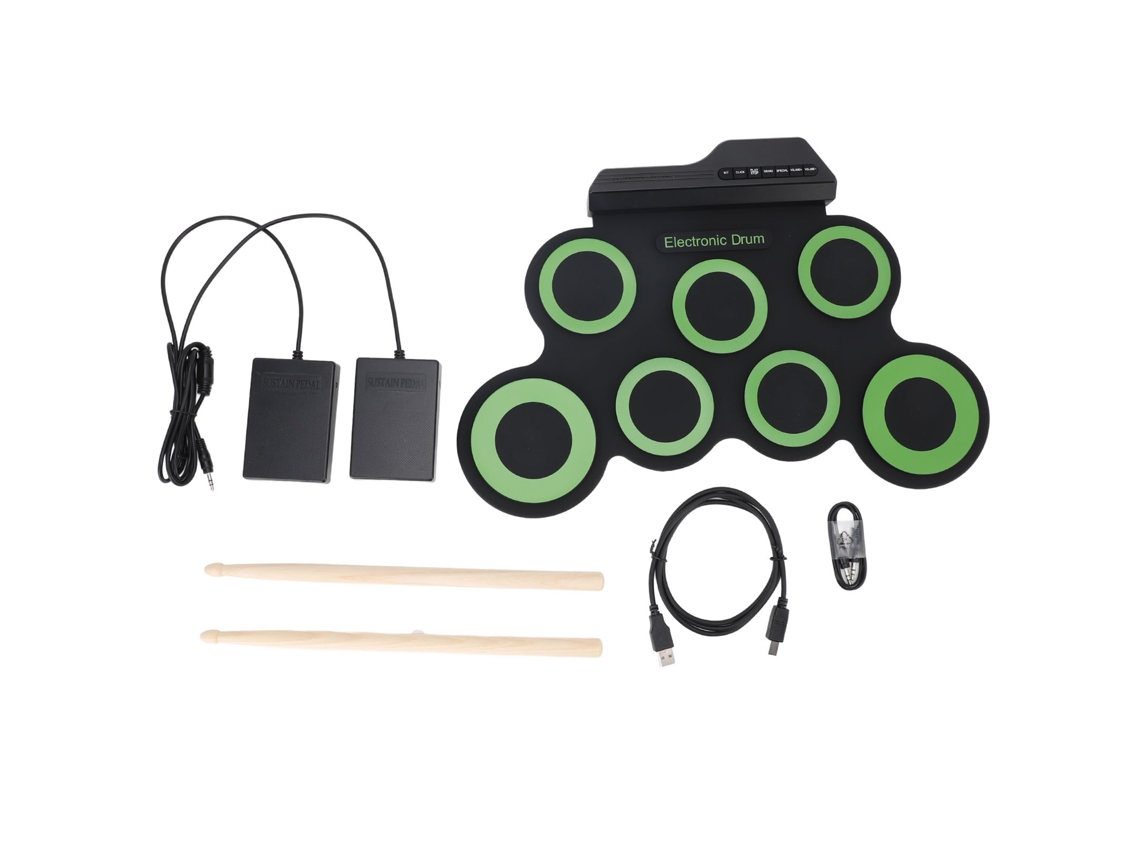 Bateria eletrônica dobrável com 7 pads de prática, entrada para fone de ouvido e pedal.