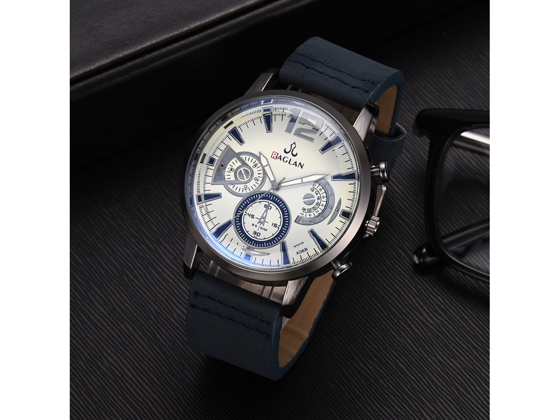 Relógio De Quartzo Masculino Com Pulseira De Couro Pu, Mostrador De Três Olhos, Estilo (azul)