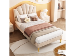 Cama Solteiro Bege 90x200cm Veludo, Concha, Pernas Douradas.-op