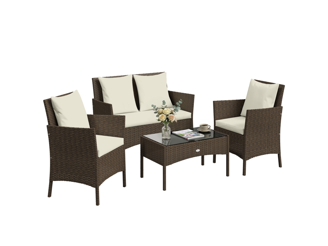 Conjunto De Jardim Externo Em Rattan Com 4 Peças, Incluindo Sofá De 2 Lugares, 2 Cadeiras, Mesa De Vidro E Almofadas Laváveis, Na Cor Marrom.