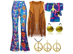 2026 traje Hippie Retrô Dos Anos 70 para Festa com Colete de Faixas, Calças e Cachecol Newway