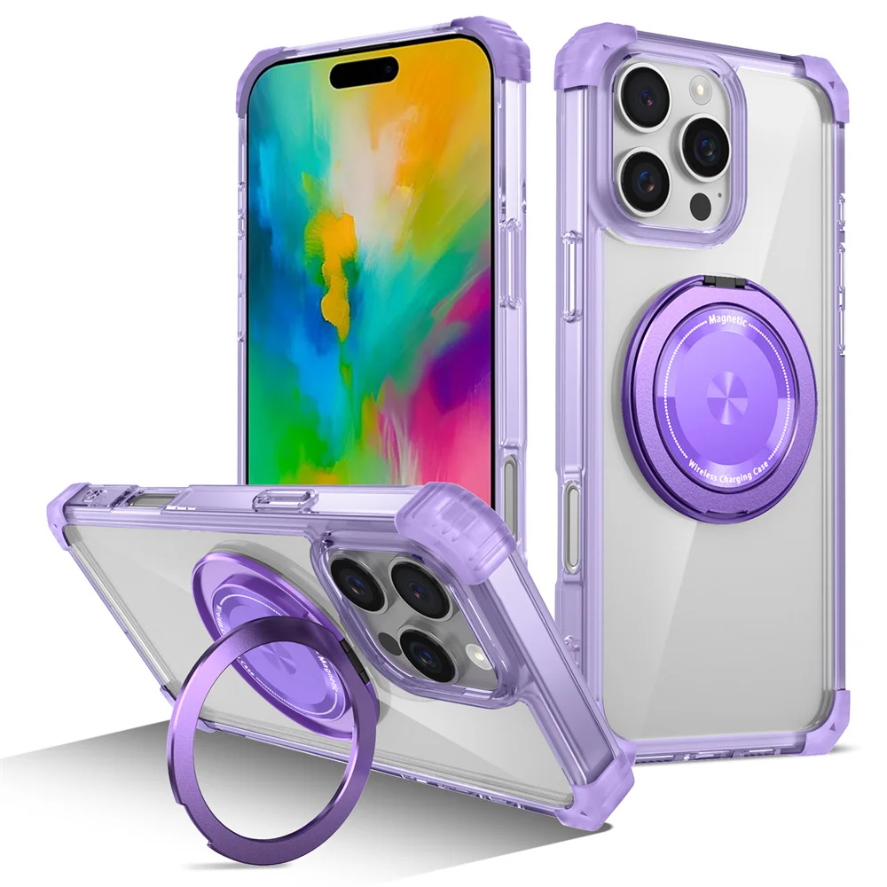 (roxo, Iphone 12) Capa Para Celular Com Carregamento Sem Fio Magnético E Suporte Giratório Transparente E Invisível.