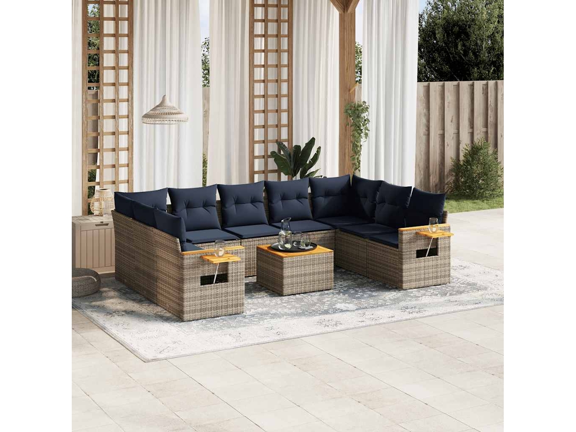 Vidaxl 10 Pcs Conjunto Sofás P/ Jardim C/ Almofadões Vime Pe Cinzento