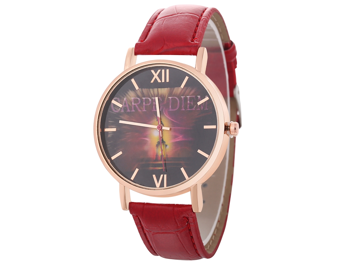 Relógio de pulso Zhoulianfa de quartzo vermelho para homens e mulheres com pulseira de couro PU e mostrador redondo.
