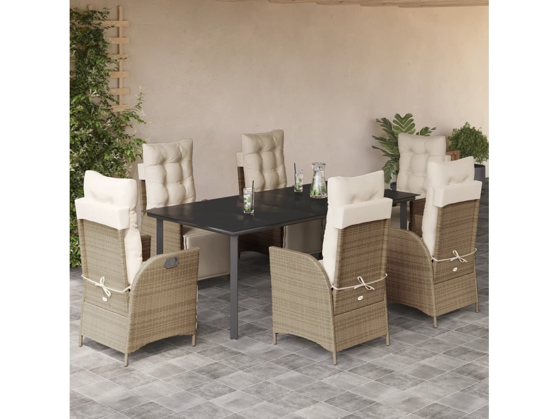 Vidaxl 7 Pcs Conjunto De Jantar P/ Jardim Com Almofadões Vime Pe Bege