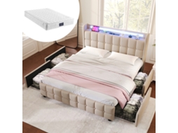 Cama Casal 140x200cm Usb Led Gavetas Colchão Bege