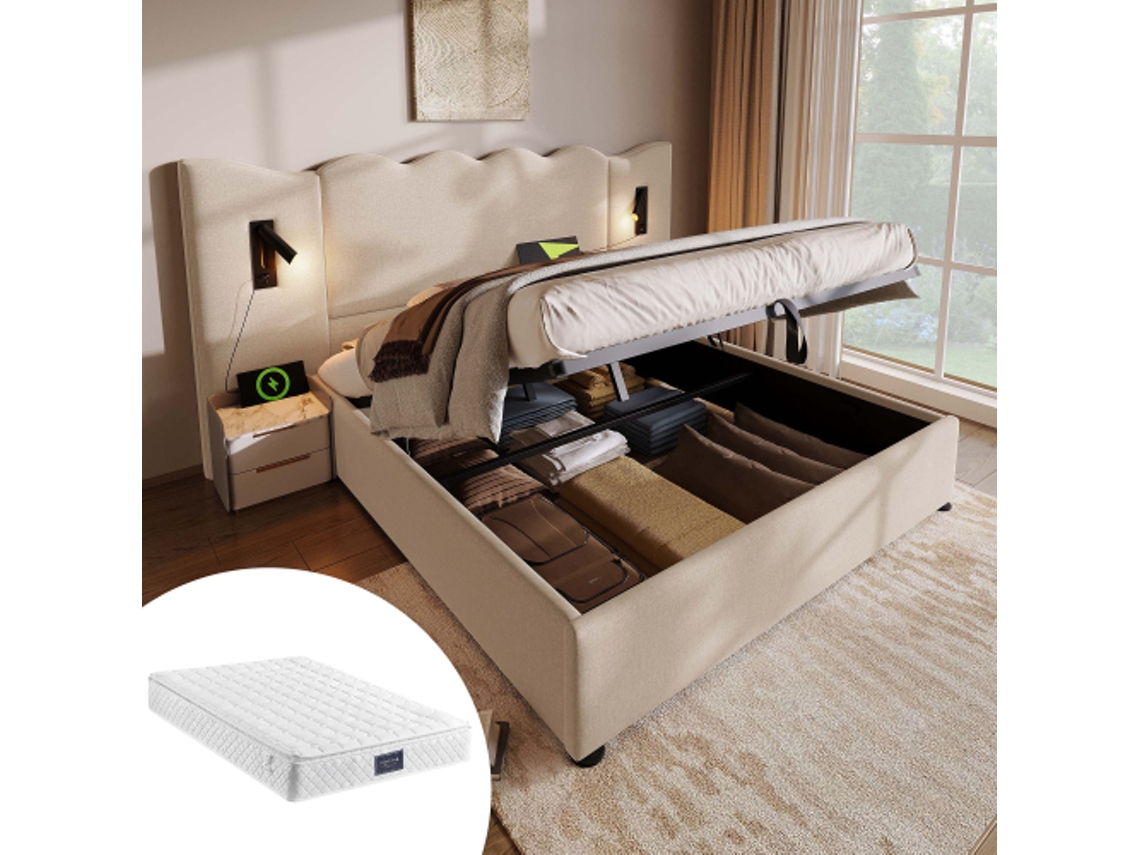Polsterbett Casal 160x200 Cm Com Luz De Leitura E Usb C, Base Em Madeira Maciça E Metal, Tons Bege, Linho Quenty (inclui Colchão)