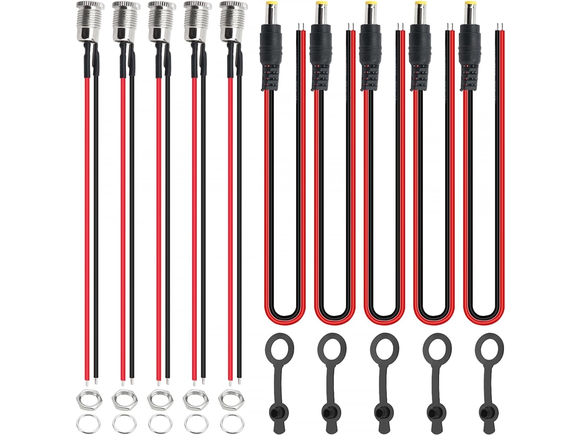 Kit de Conectores DC 5,5 x 2,1 mm, 5 Conectores de Montagem em Painel DC-099 com Cabo, 5 Cabos de Alimentação DC Macho com Cabo Co