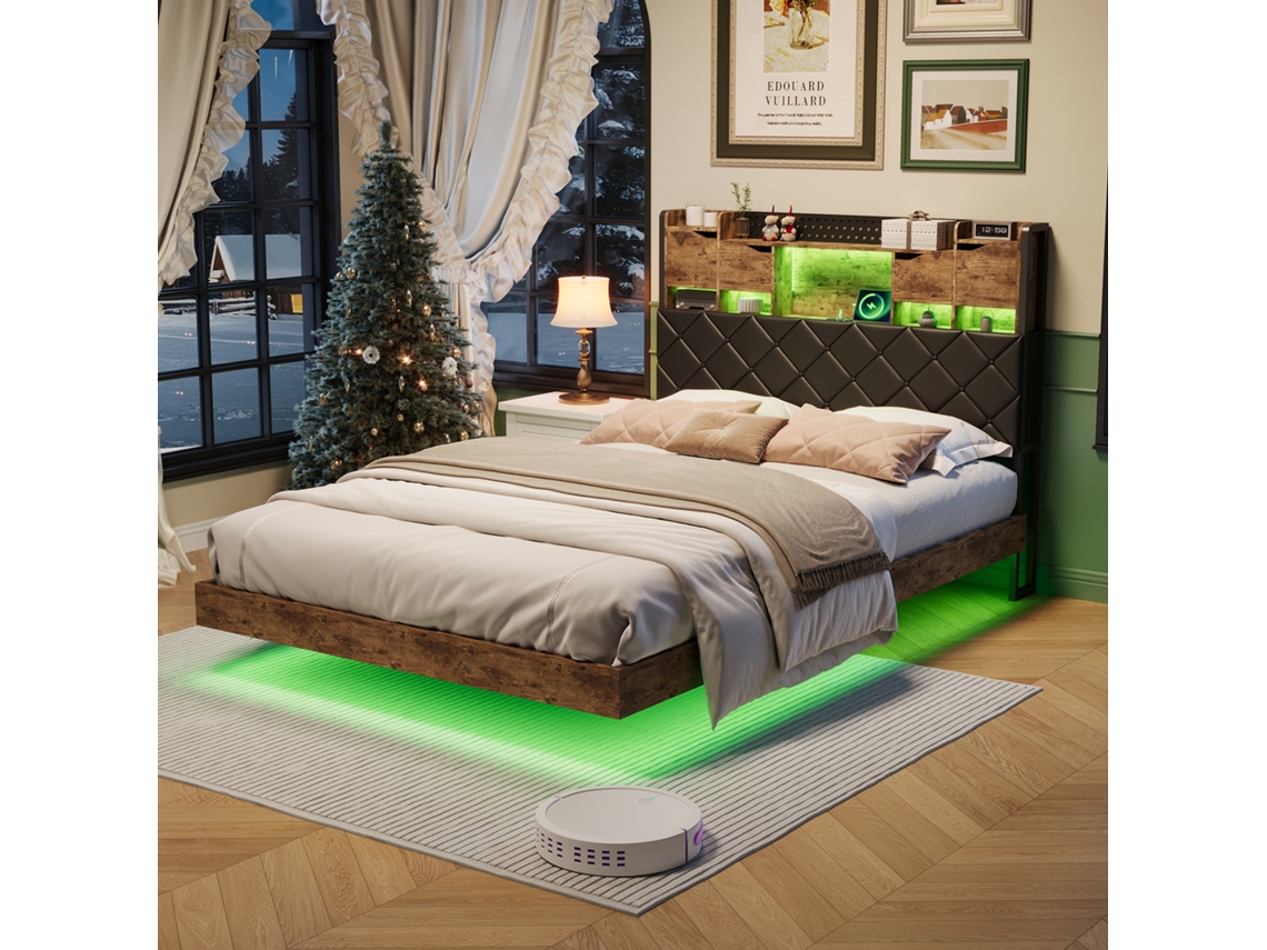 Cama Estofada 160x200 cm com Luzes Led, Duas Tomadas Elétricas e Porta Usb, Cabeceira com Espaço de Arrumação
