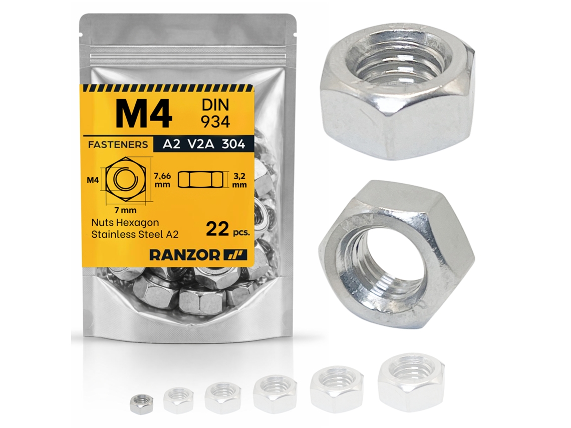 Porca Sextavada Inox A2 Din 934 M4 (22 Un.) Ranzor | Hex Nut Stainless Steel Aisi 304