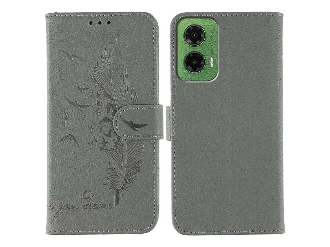 Capa Tipo Carteira De Couro Sintético Com Estampa De Penas Para Motorola Moto G35 5g, Cinza