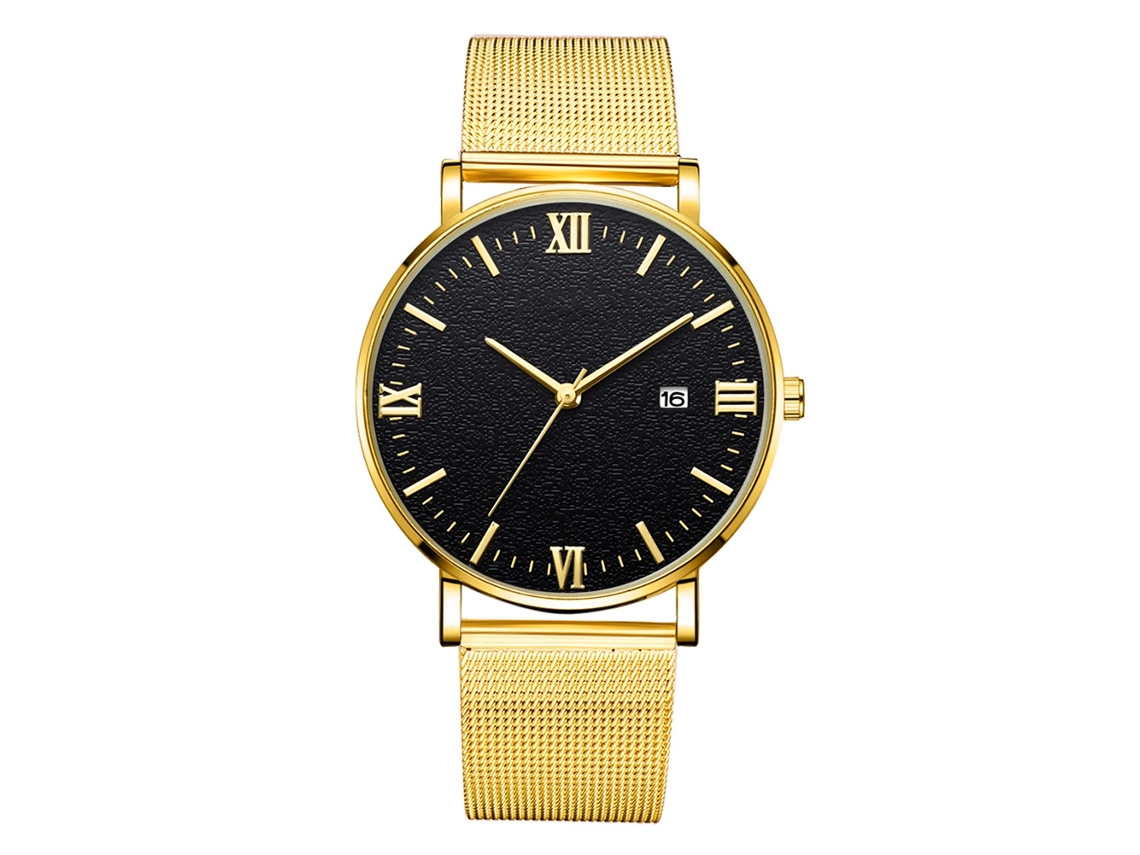 Reloj De Pulsera Mecánico De Cuarzo Para Hombre Deportivo (correa Oro Caja Oro Manecillas Oro Esfera Negra)