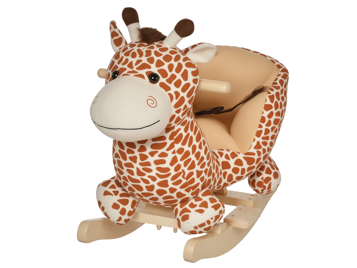 Baloiço para Crianças em Madeira com 32 Canções Cinturão de Segurança Girafa de Pelúcia 60x33x45 Cm Marrom Claro LAMAISON