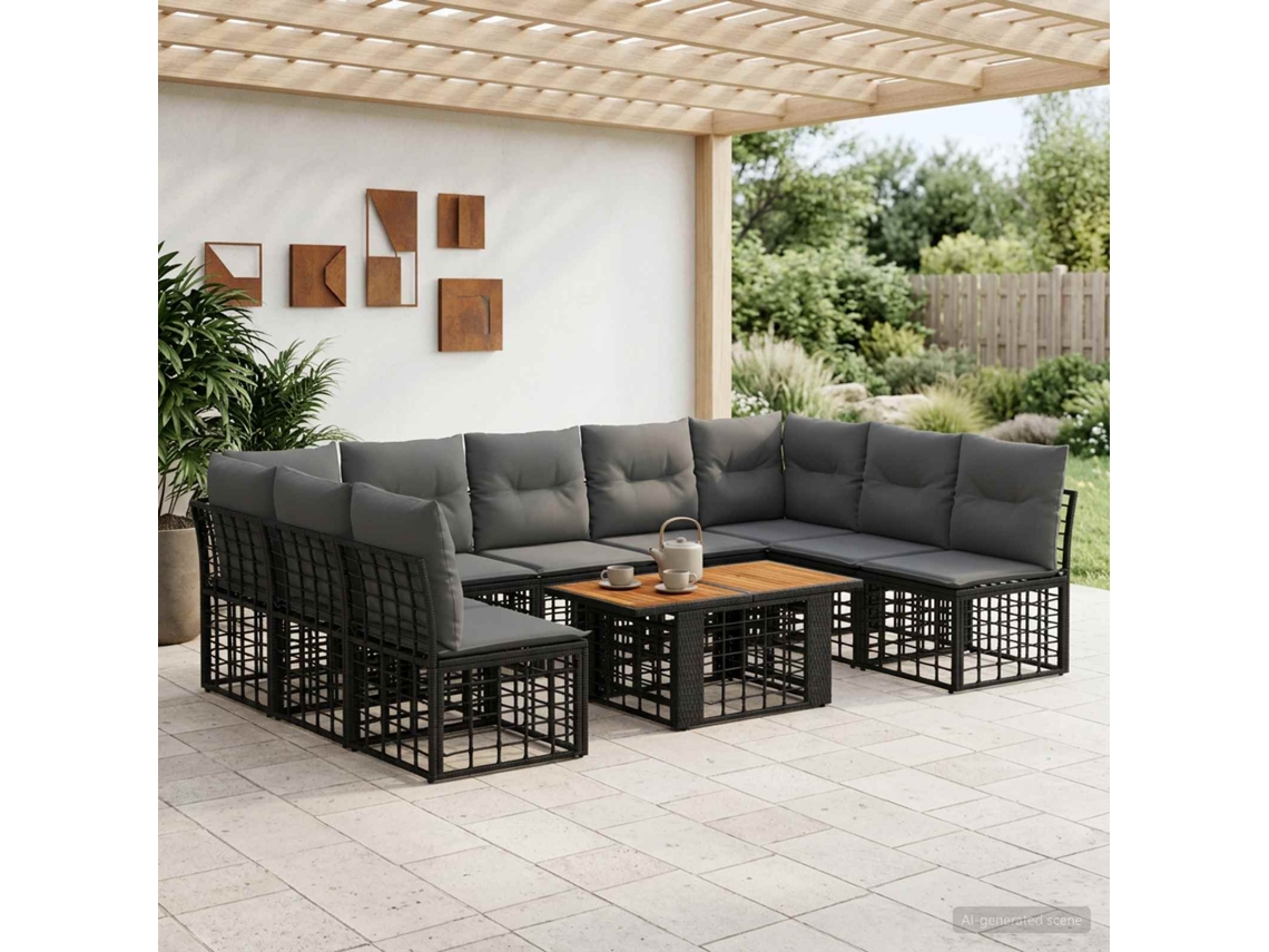 Vidaxl Conjunto De Sofá De Jardim 10 Unid. Preto E Cinza Escuro