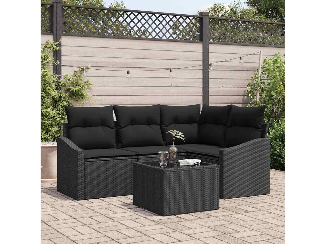 Vidaxl Conjunto de Sofás com Almofada 5 Pcs Preto Vime Pe