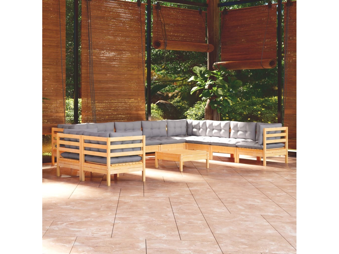 Conjunto 11pcs Lounge De Jardim Almofadões Cinza Pinho Maciço Dkd Home Decor