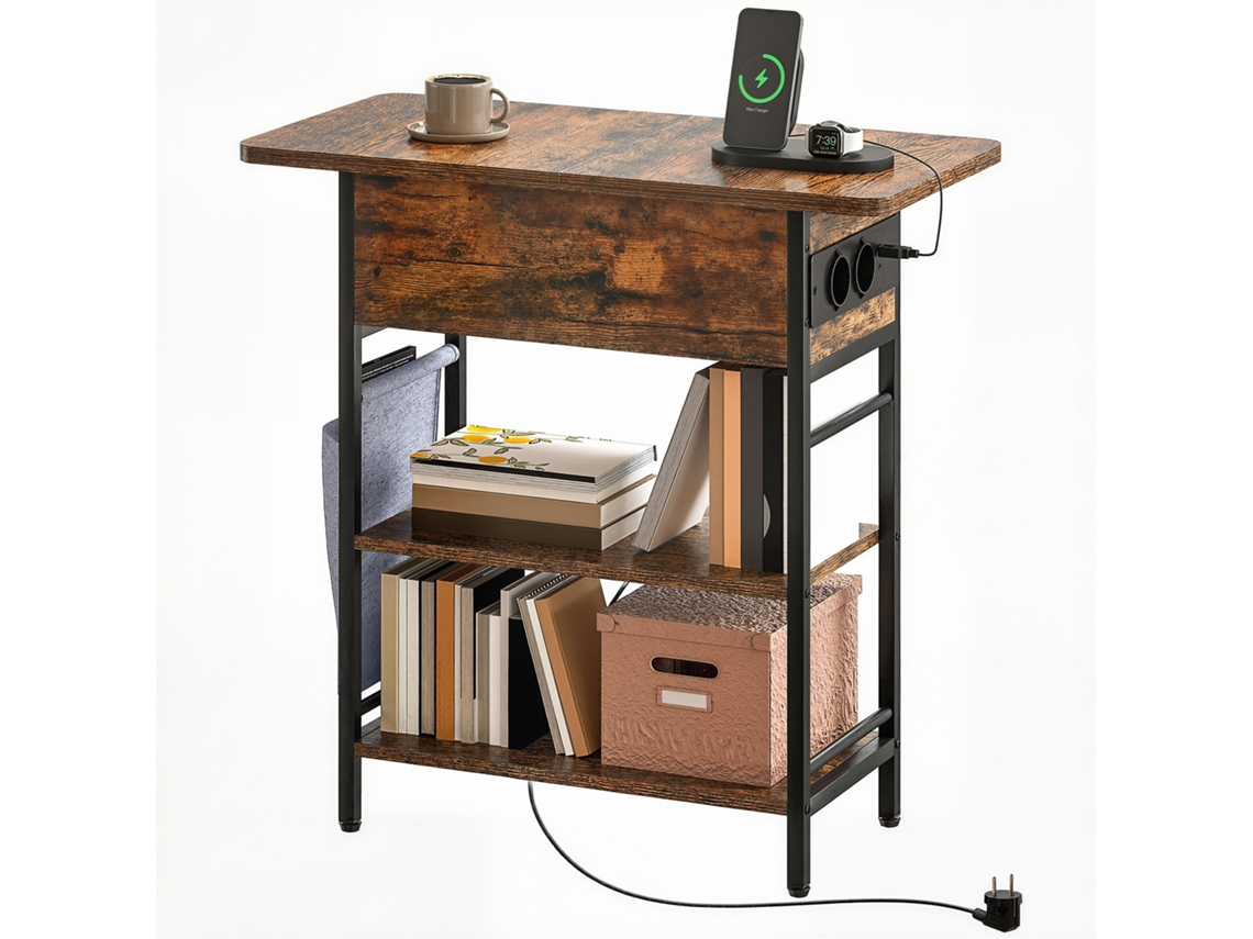 Criado-mudo Mesa Cabeceira Com Régua Energia E 2 Níveis E Usb E Armazenamento, Medidas Rústico Castanho 60x29,medidas 8x58,5cm