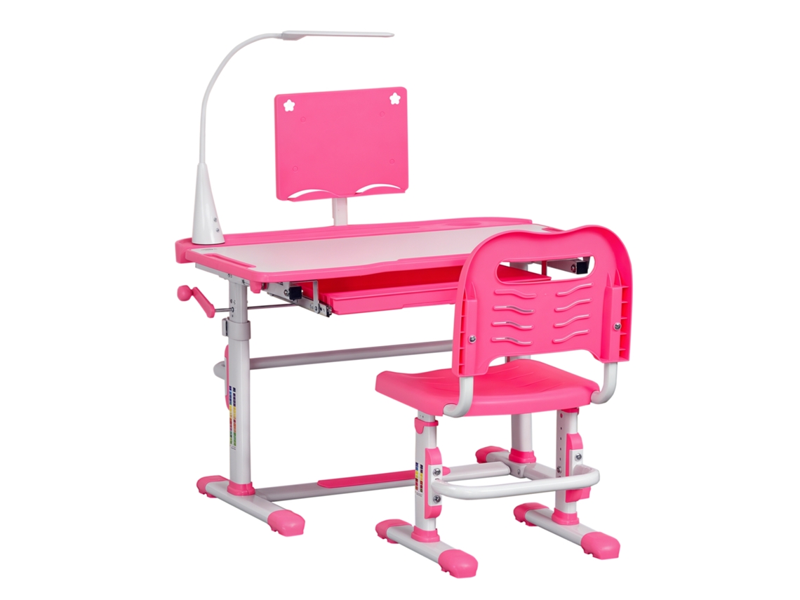 Mesa de escritório infantil 6 a 12 anos com cadeira ajustável, gaveta, luz e superfície inclinável rosa BTFORUS