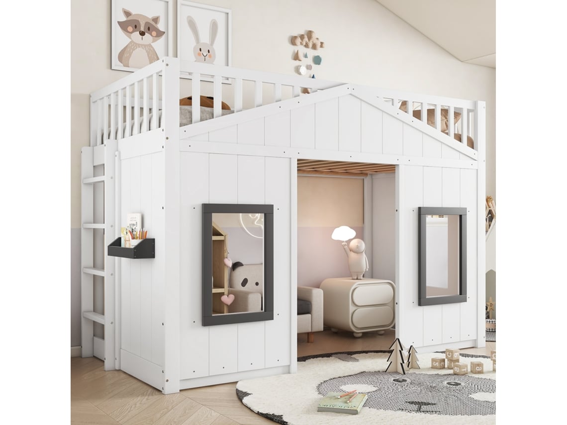 Cama Elevada 90x200 Escada Grades Janela Pinho/mdf