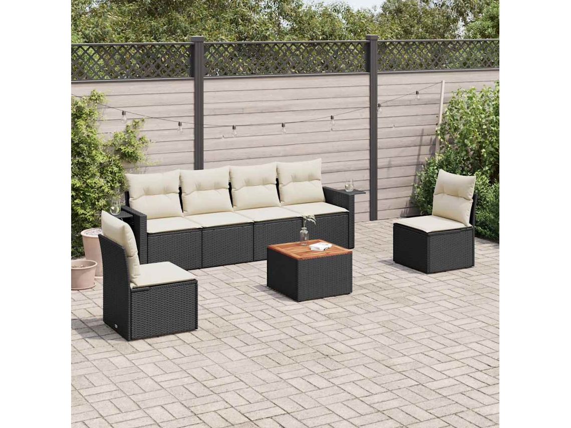 Vidaxl 7 Pcs Conjunto De Sofás P/ Jardim C/ Almofadões Vime Pe Preto