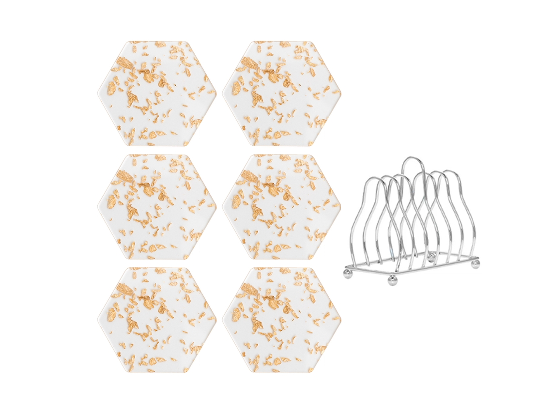Conjunto de Apoios de Copo com Suporte Metálico Design Hexagonal em Acrílico À Prova de Calor NEVEANCE