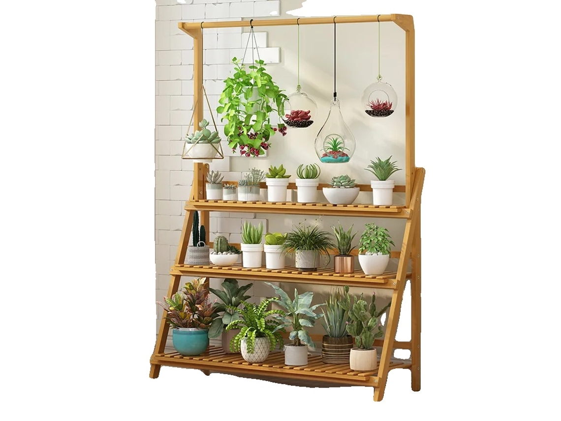 Suporte para plantas de bambu de 3 níveis, versátil para uso interno e externo, madeira natural, tamanho OEM XL