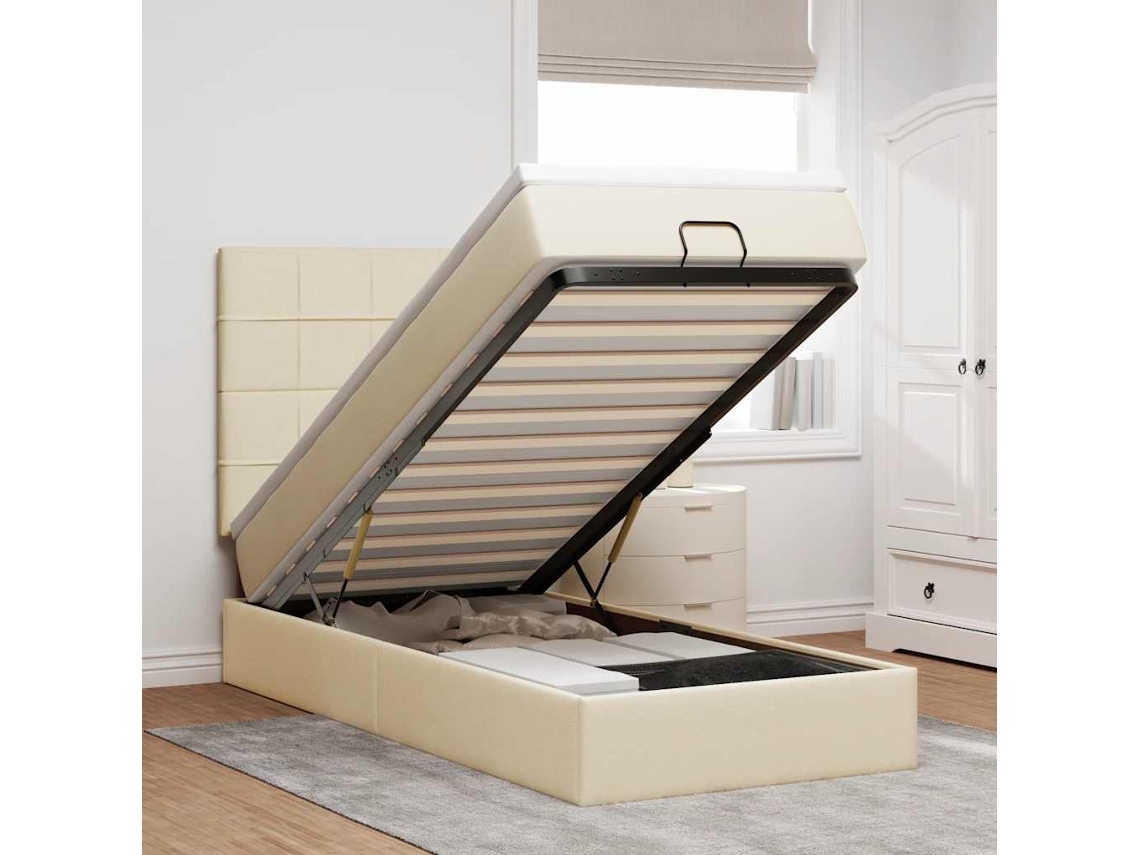 Cama Otomana Com Colchão Leds 90x200 Cm Tecido Creme