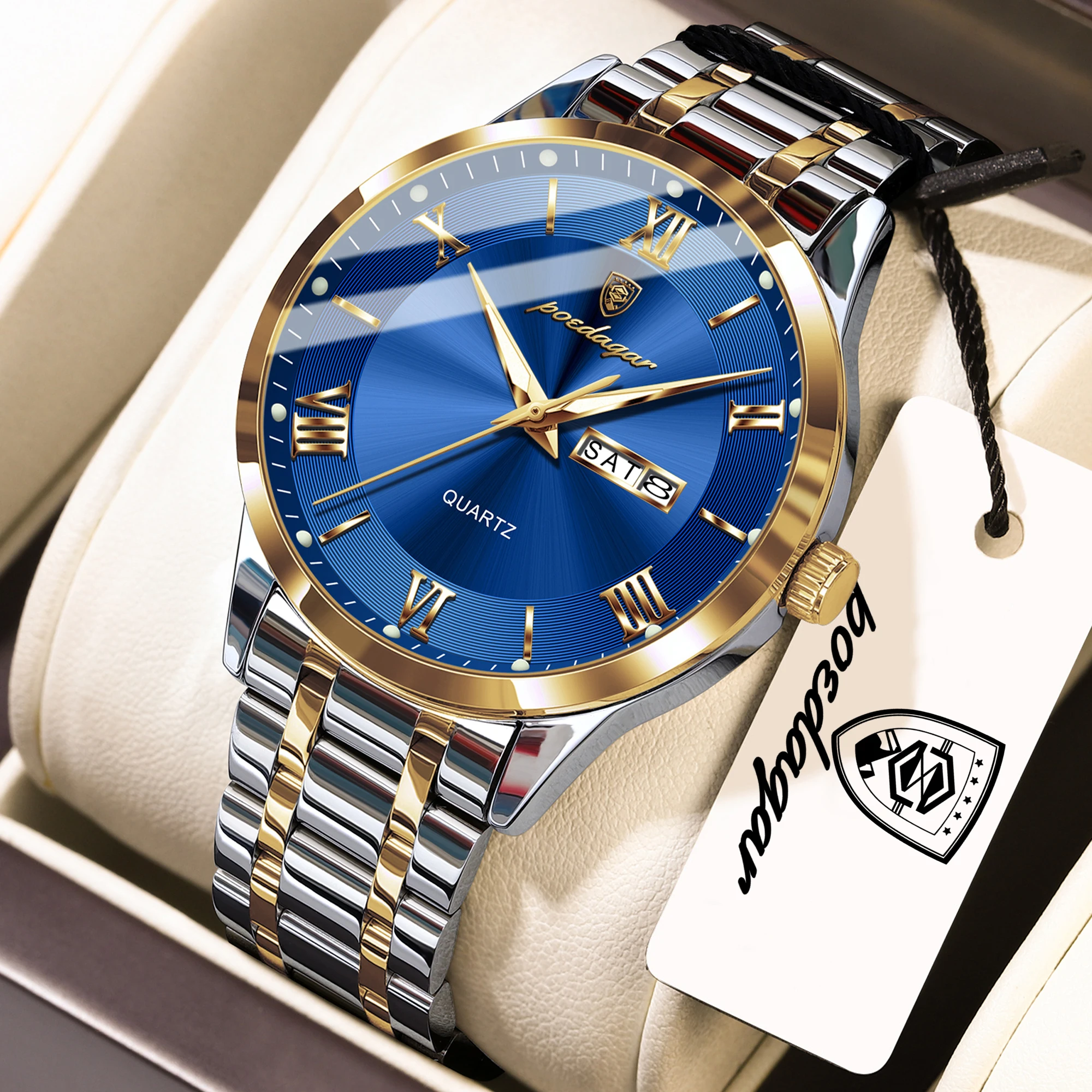 Relógio masculino de luxo, modelo Prova D'água, luminoso, com indicação de dia e data, movimento de quartzo, com núcleos em ouro e azul.