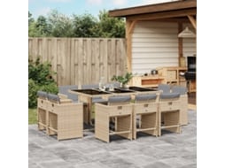Conjunto 11 Peças Jantar Jardim C/ Almofadões Vime Pe Bege Misturado Dkd Home Decor