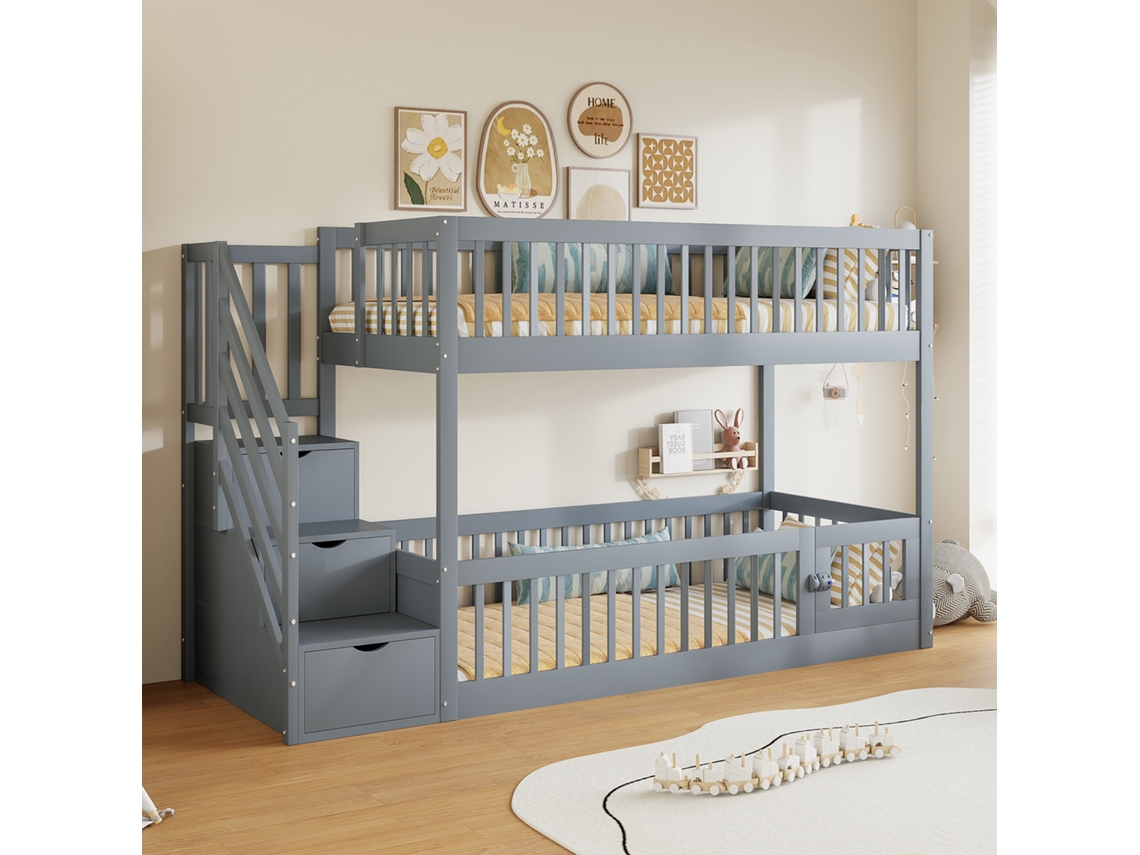 Beliche Madeira Cinza 90x200 Infantil Com Escada E Gavetas