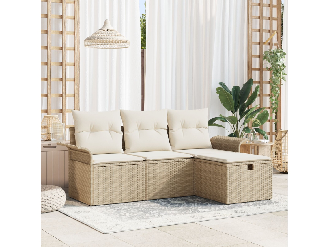 Conjunto De Sofá De Jardim De 4 Peças Com Almofadas Bege Rattan Poliéster Wsd812001 Lovely Home
